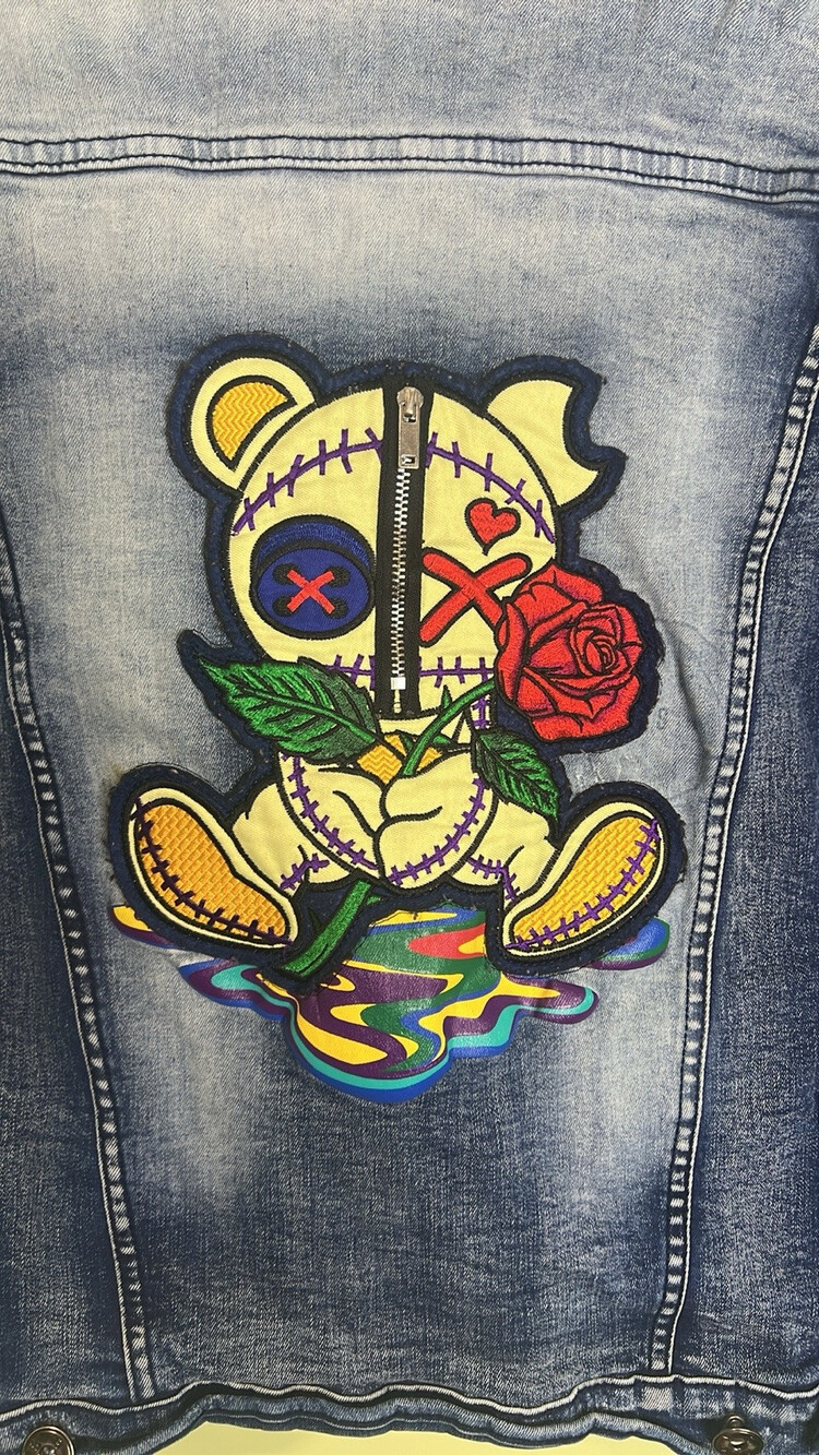 BKYS Bear Rose Embroidered Distressed Denim Jean Jacket   Medium - Picture 2 of 8